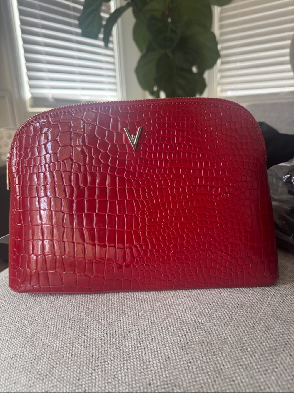 Vanesa Williams Red Croc-Embossed Dome Cosmetic Pouch with V Accent